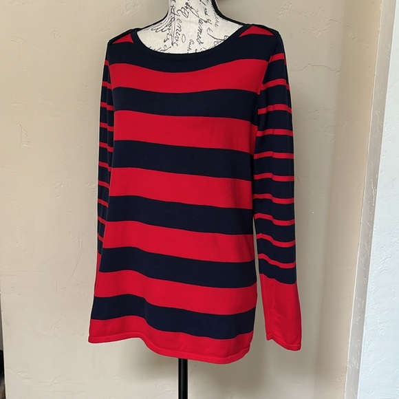 TOMMY HILFIGER Red Navy Blue Striped Sweater Light Weight Long Sleeves 
Size LG - Picture 2 of 9